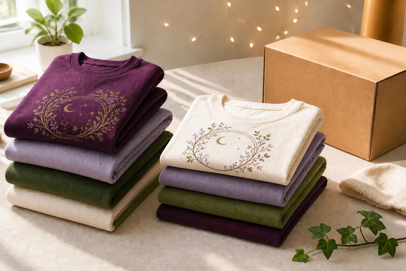 Folded blank shirts and sweatshirts prepared for custom printing
