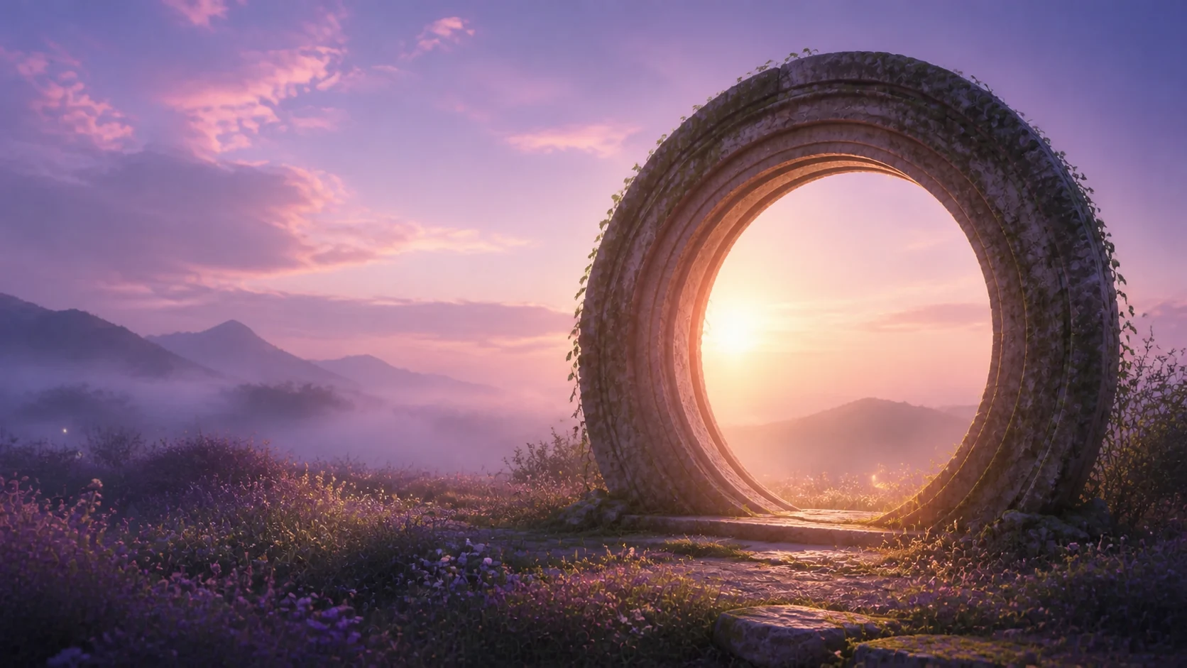 A circular stone portal opening toward a bright mountain landscape